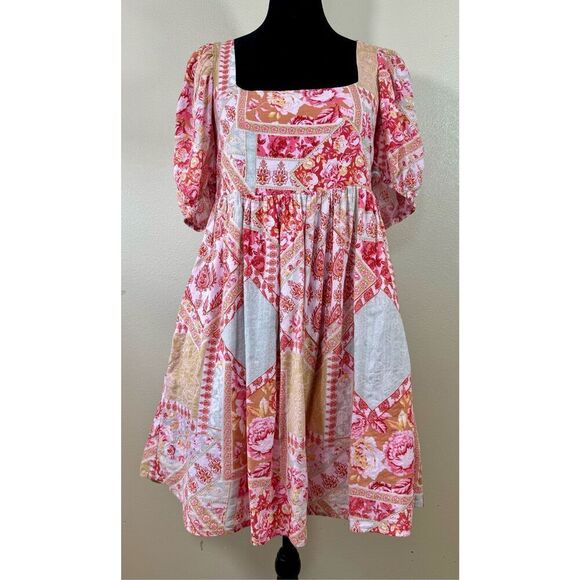 North End Pink Floral Patchwork Square Neck Babydoll Dress With Tie Backs Small - Picture 1 of 8